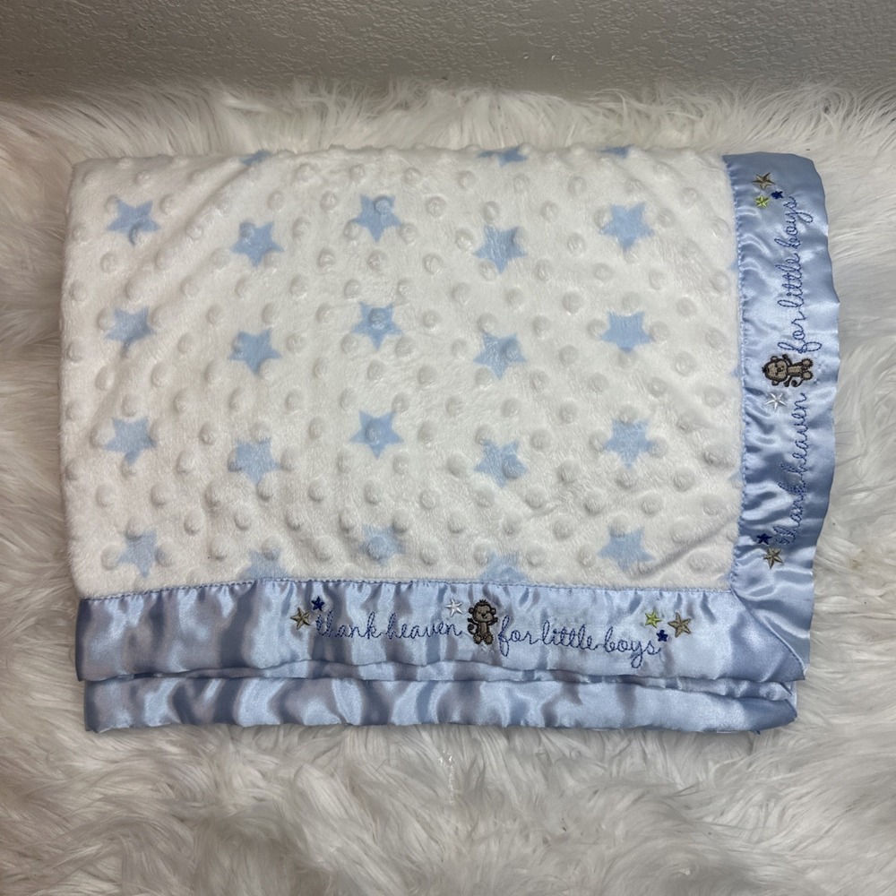 $34 🌙 Carters Baby Blanket Blue Stars Monkey Thank‎ Heaven For Little Boys